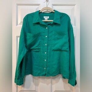 Cynthia Rowley 100% Linen Green Button Down Top Sz XL Boxy Cropped Pocket Preppy